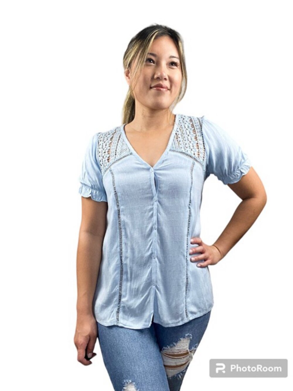 Baby Blue Crochet Short Sleeve Button Down Top